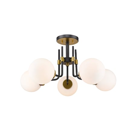 Z-LITE Parsons 5 Light Semi Flush Mount, Matte Black, Olde Brass & Opal 477-5SF-MB-OBR